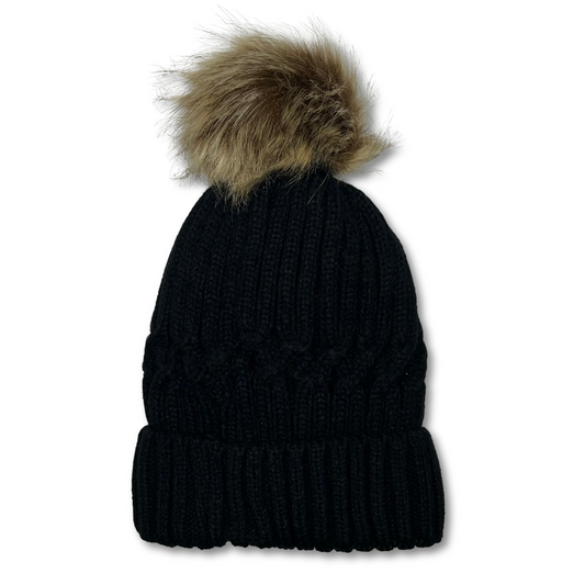 Fleece Lined Puff Beanie (BLACK)